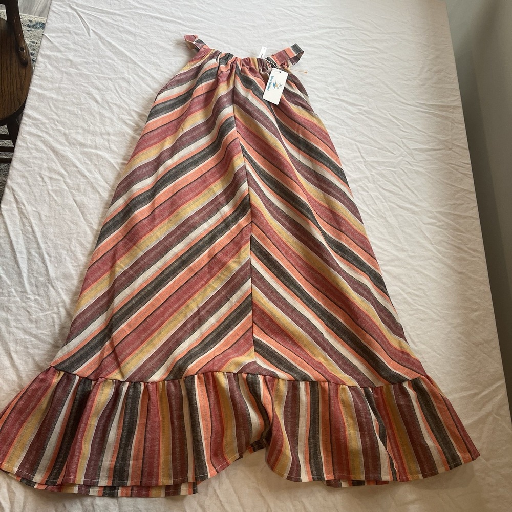 Beachsissi Multi Colored Ruffle Tiered Striped Round Neck Sleeveless Mini Dress